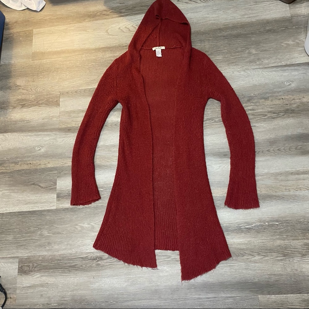 Free People Hooded Cardigan Medium Knit Womens Wine Red Light Weight